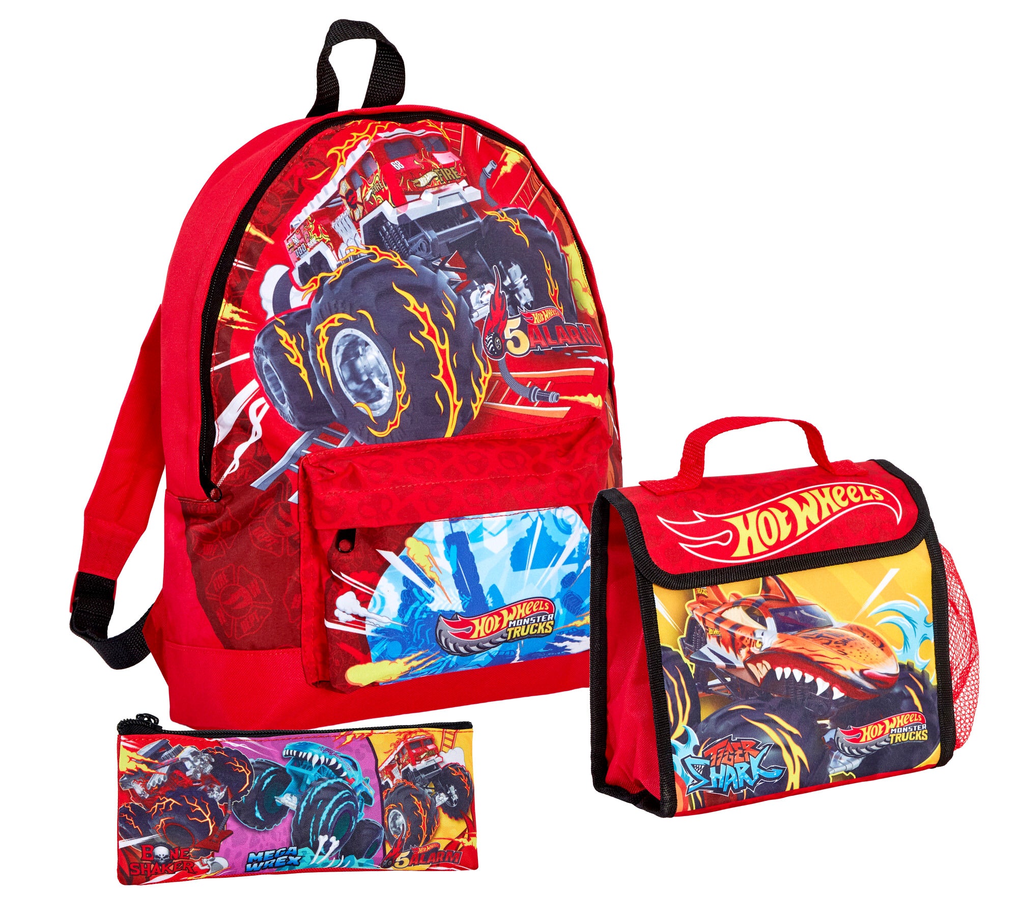 Hot Wheels Monster Trucks Backpack + Lunch Bag + Pencil Case 3 Piece  Bag Set
