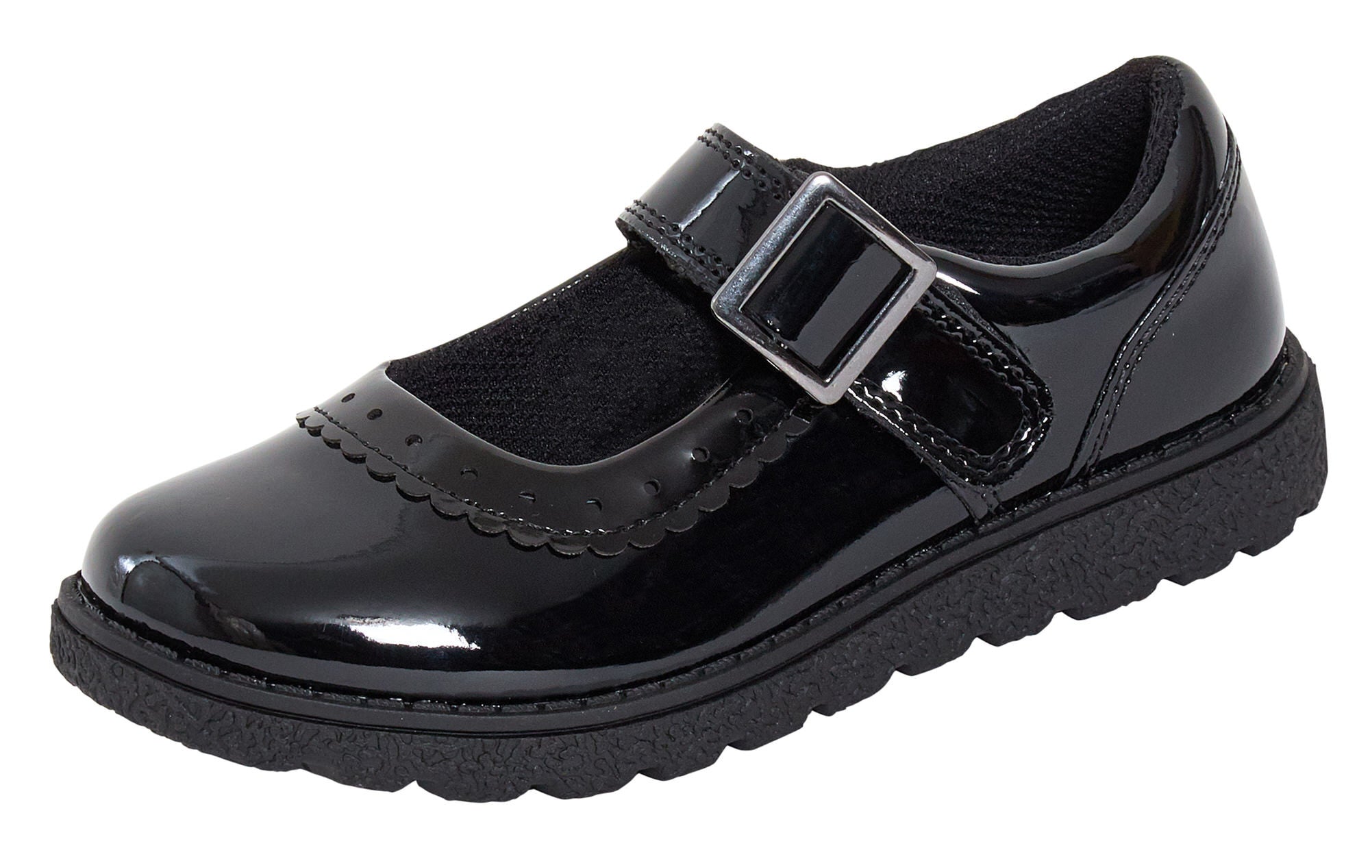 Girls School Shoes Kids Easy Touch Fasten Black Patent Chunky Sole Hard Wearing