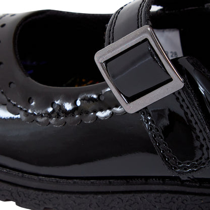 Girls School Shoes Kids Easy Touch Fasten Black Patent Chunky Sole Hard Wearing