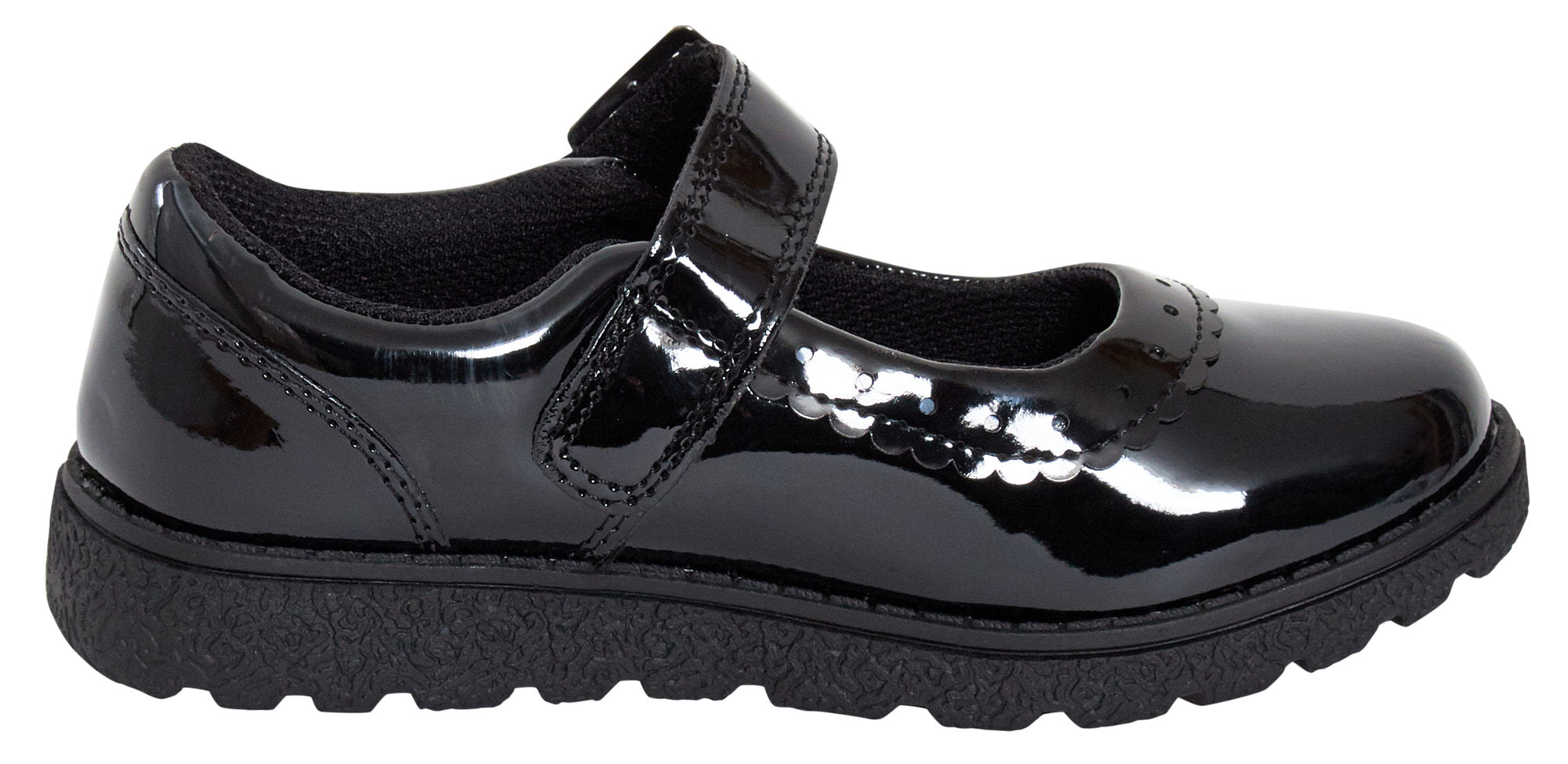 Girls School Shoes Kids Easy Touch Fasten Black Patent Chunky Sole Hard Wearing
