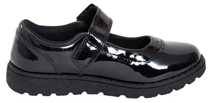 Girls School Shoes Kids Easy Touch Fasten Black Patent Chunky Sole Hard Wearing