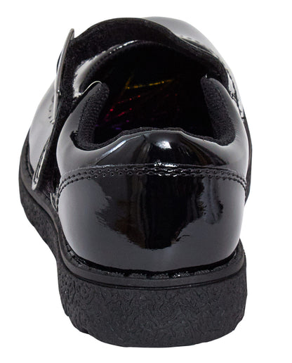 Girls School Shoes Kids Easy Touch Fasten Black Patent Chunky Sole Hard Wearing
