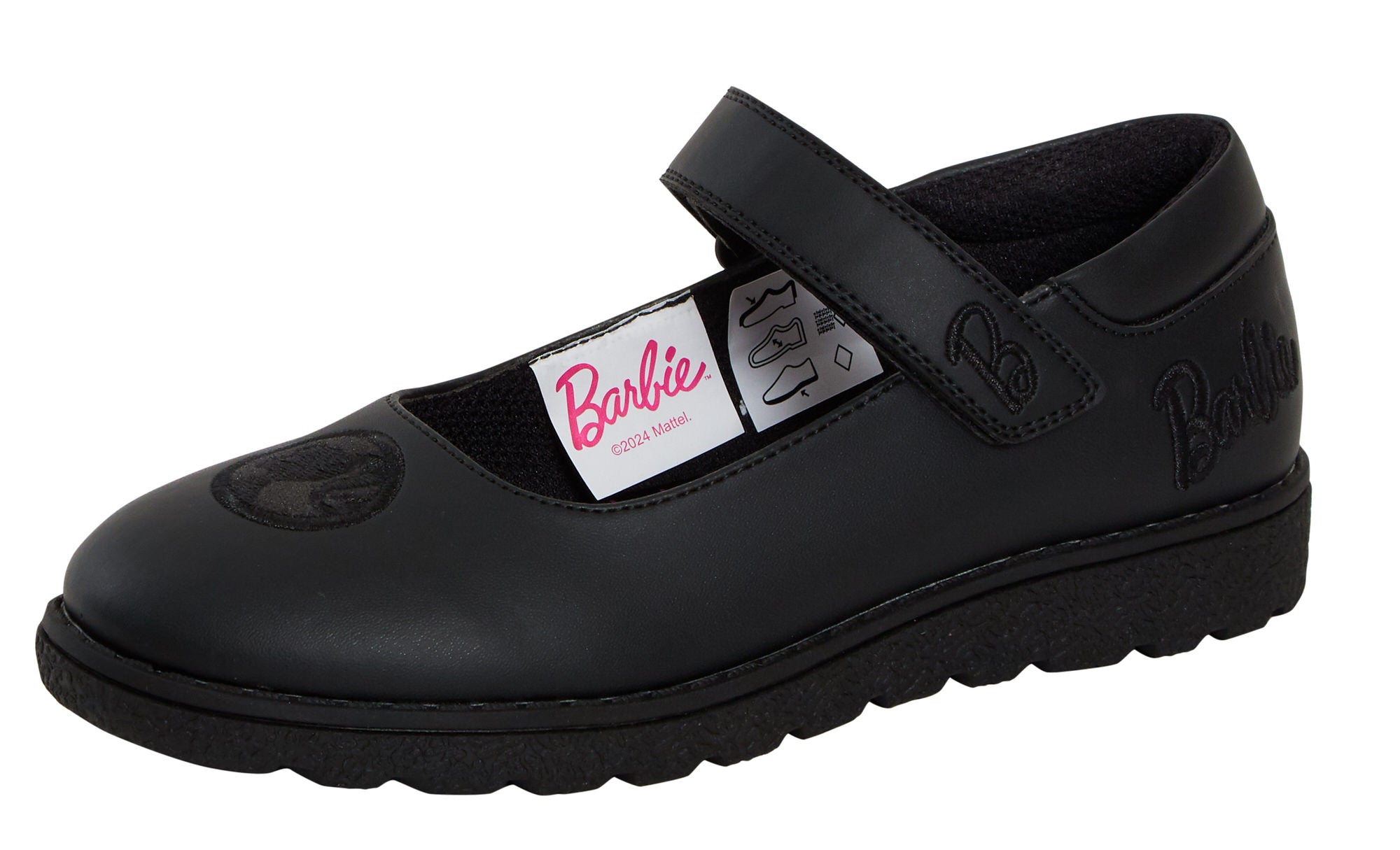 Girls Barbie School Shoes Kids Chunky Sole Strong Black Easy Fasten Loafer Shoes