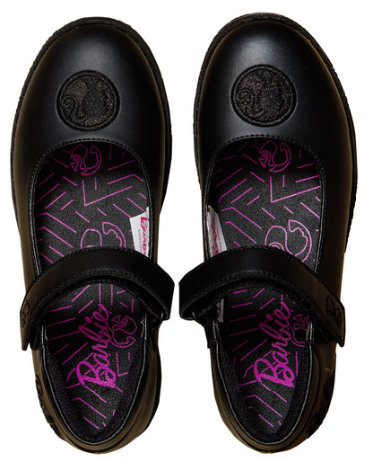 Girls Barbie School Shoes Kids Chunky Sole Strong Black Easy Fasten Loafer Shoes