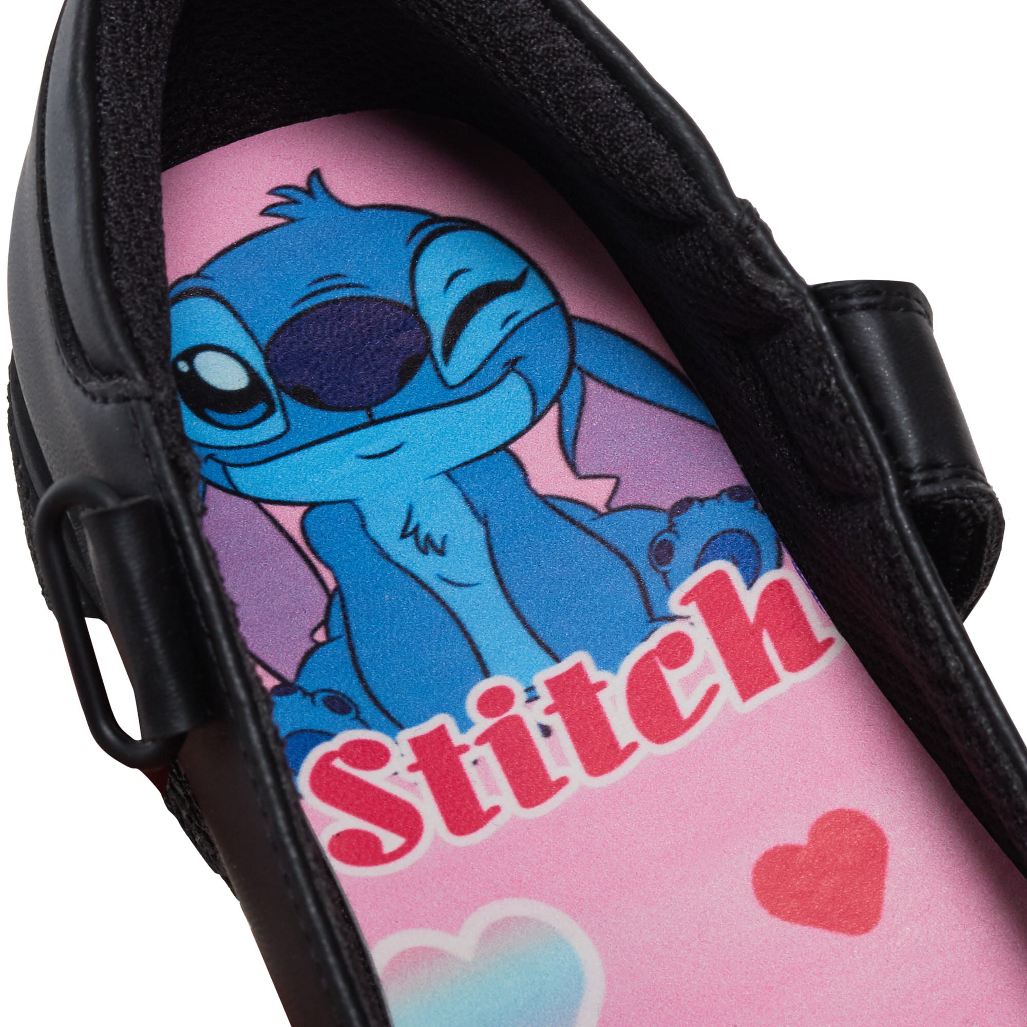 Girls Disney Stitch School Shoes Kids Chunky Sole Strong Black Easy Fasten Shoes
