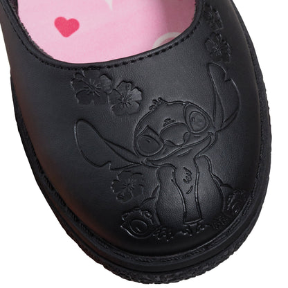 Girls Disney Stitch School Shoes Kids Chunky Sole Strong Black Easy Fasten Shoes