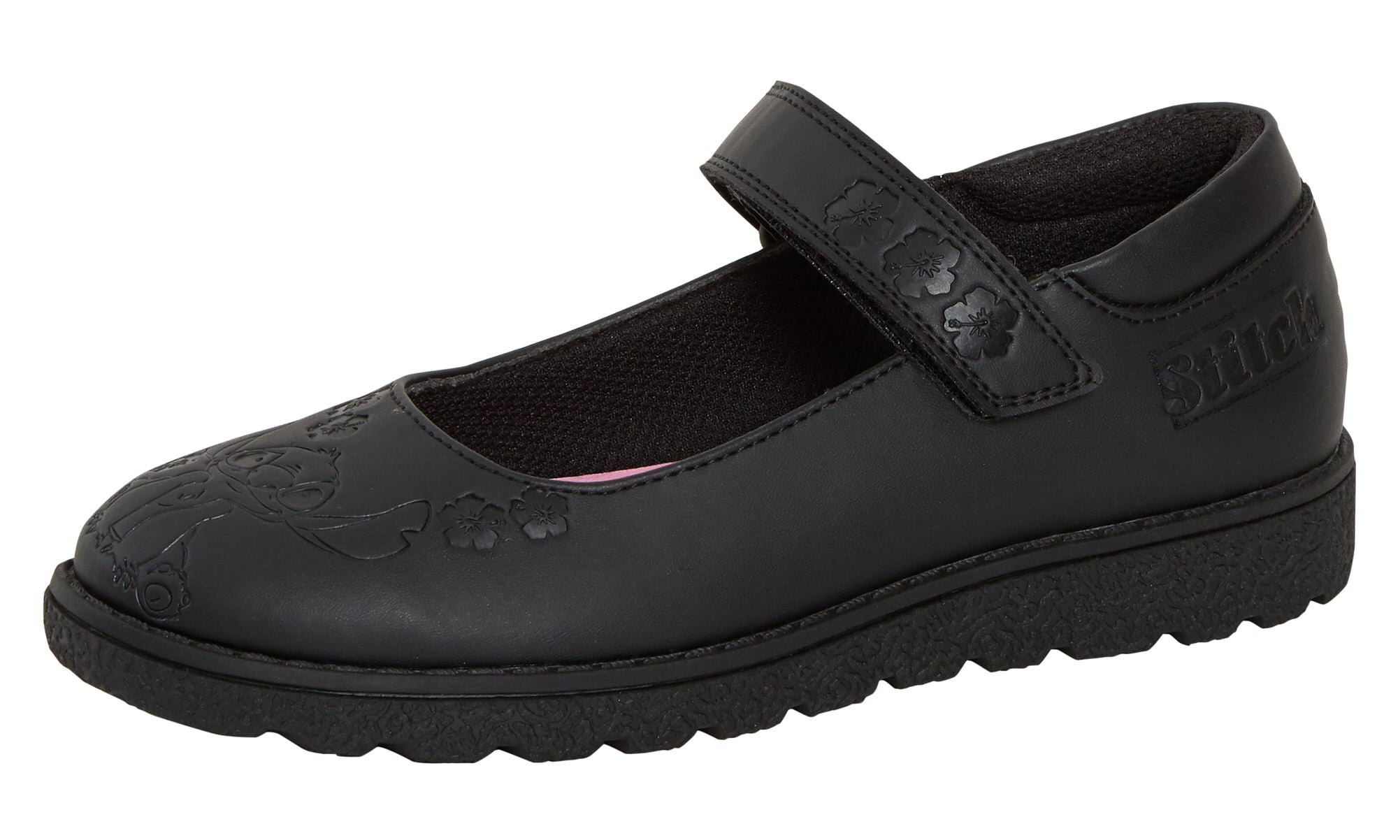 Girls Disney Stitch School Shoes Kids Chunky Sole Strong Black Easy Fasten Shoes