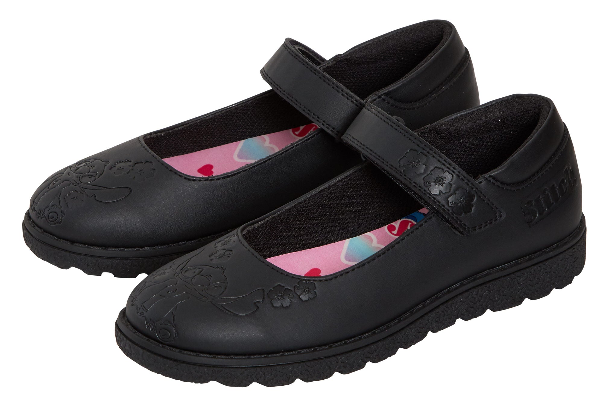 Girls Disney Stitch School Shoes Kids Chunky Sole Strong Black Easy Fasten Shoes