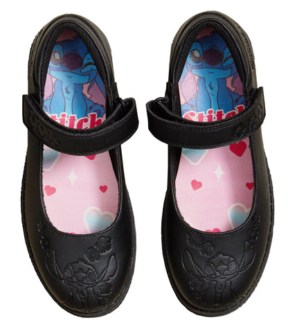 Girls Disney Stitch School Shoes Kids Chunky Sole Strong Black Easy Fasten Shoes