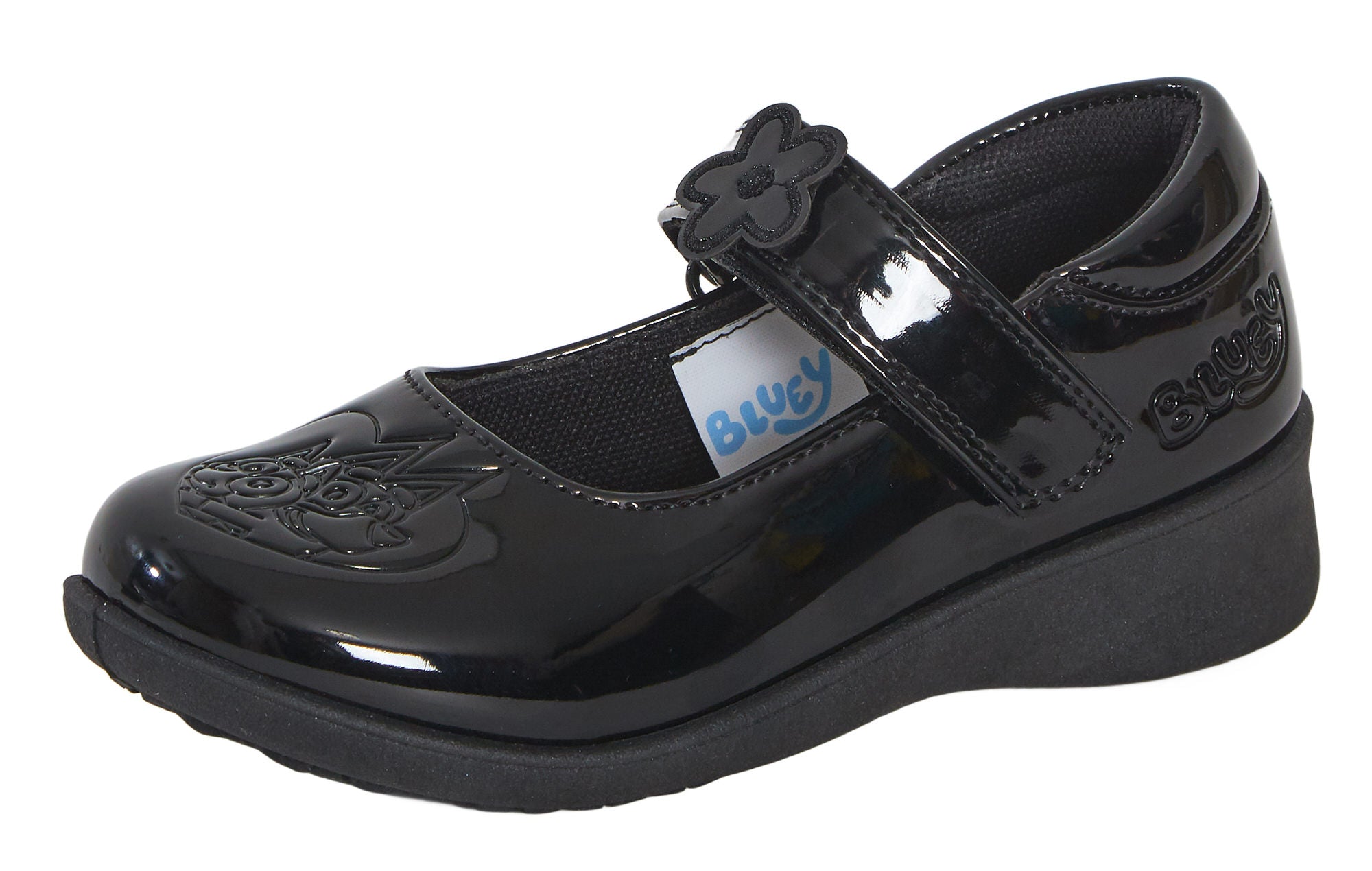 Girls Bluey School Shoes Bingo Easy Fasten Mary Jane Black Patent Party Shoes