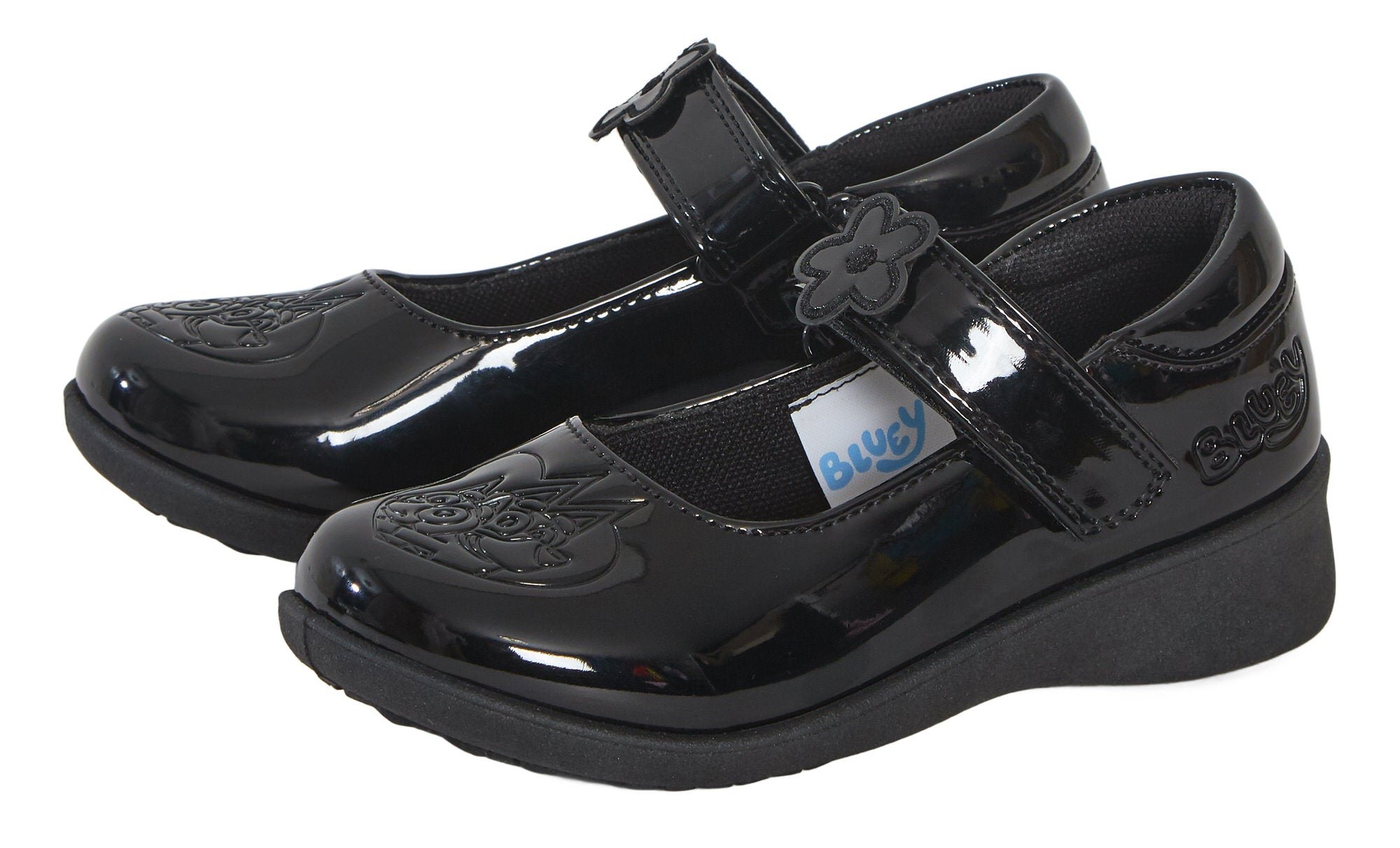 Girls Bluey School Shoes Bingo Easy Fasten Mary Jane Black Patent Party Shoes