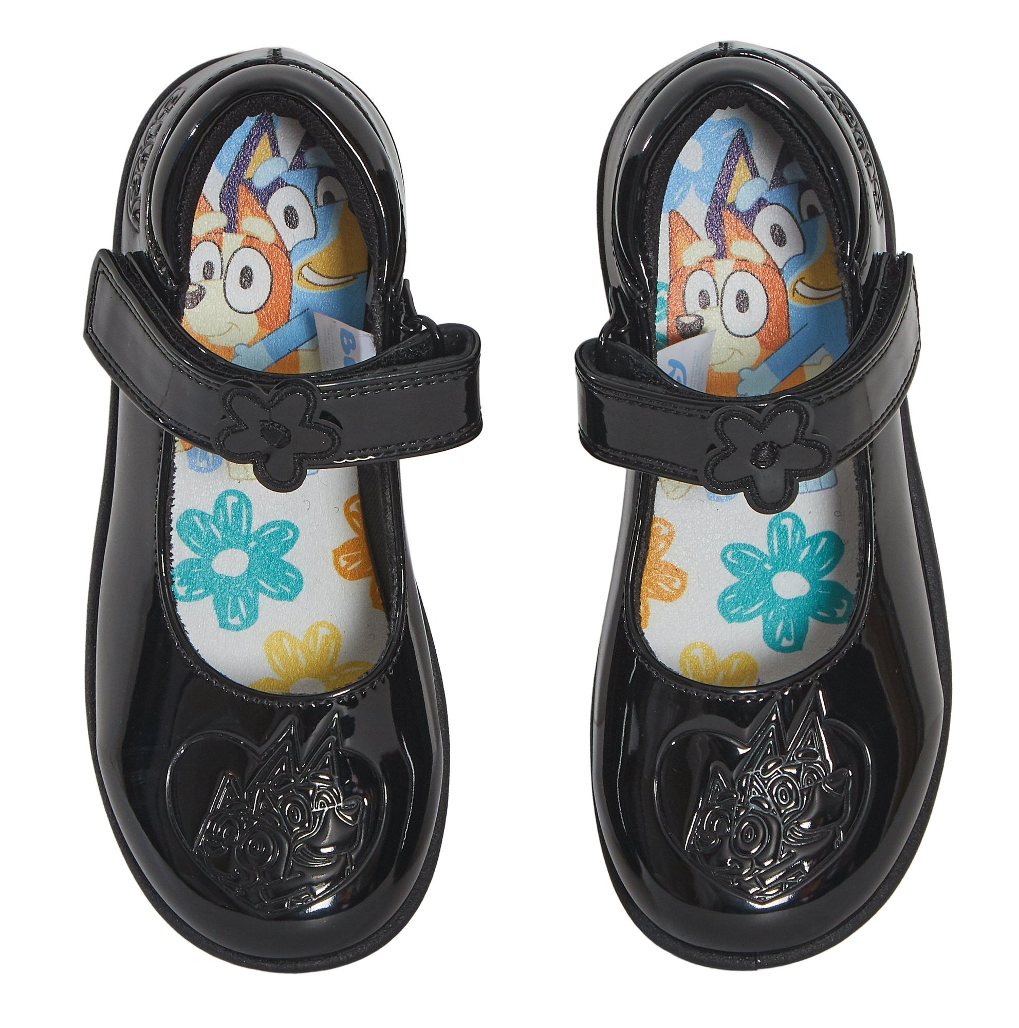 Girls Bluey School Shoes Bingo Easy Fasten Mary Jane Black Patent Party Shoes