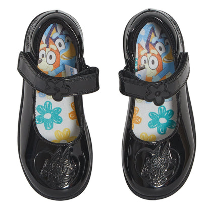 Girls Bluey School Shoes Bingo Easy Fasten Mary Jane Black Patent Party Shoes