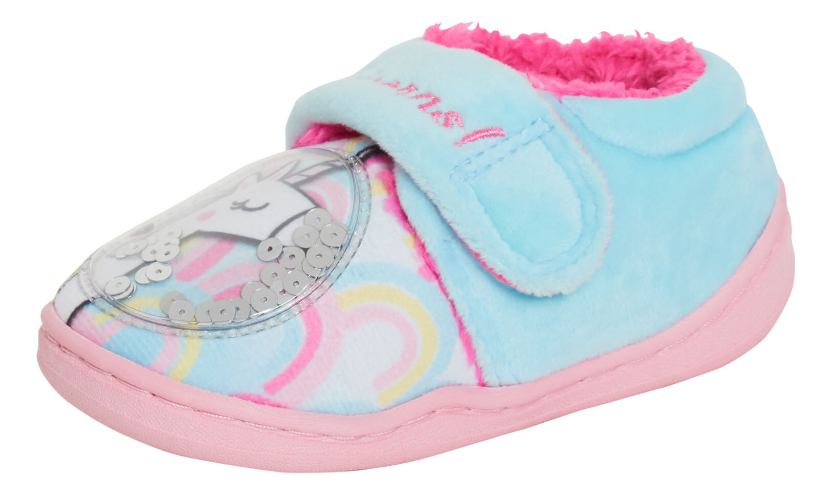 Girls Unicorn Slippers Kids Sequin Rainbow Easy Fasten Fleece Lined Indoor Shoes