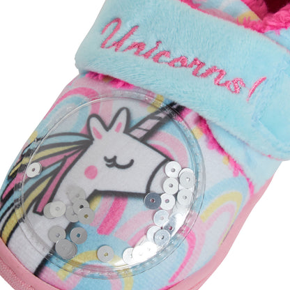 Girls Unicorn Slippers Kids Sequin Rainbow Easy Fasten Fleece Lined Indoor Shoes