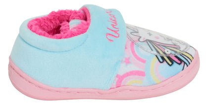 Girls Unicorn Slippers Kids Sequin Rainbow Easy Fasten Fleece Lined Indoor Shoes