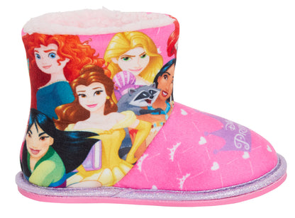 Girls Disney Princess Slipper Boots Kids Faux Fur Lined Glitter Fleece Booties
