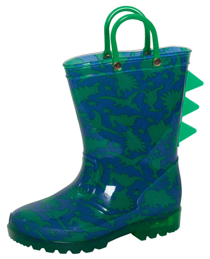 Kids Light Up Dinosaur Wellington Boots Boys Handle Dino Wellies 3D Rain Shoes