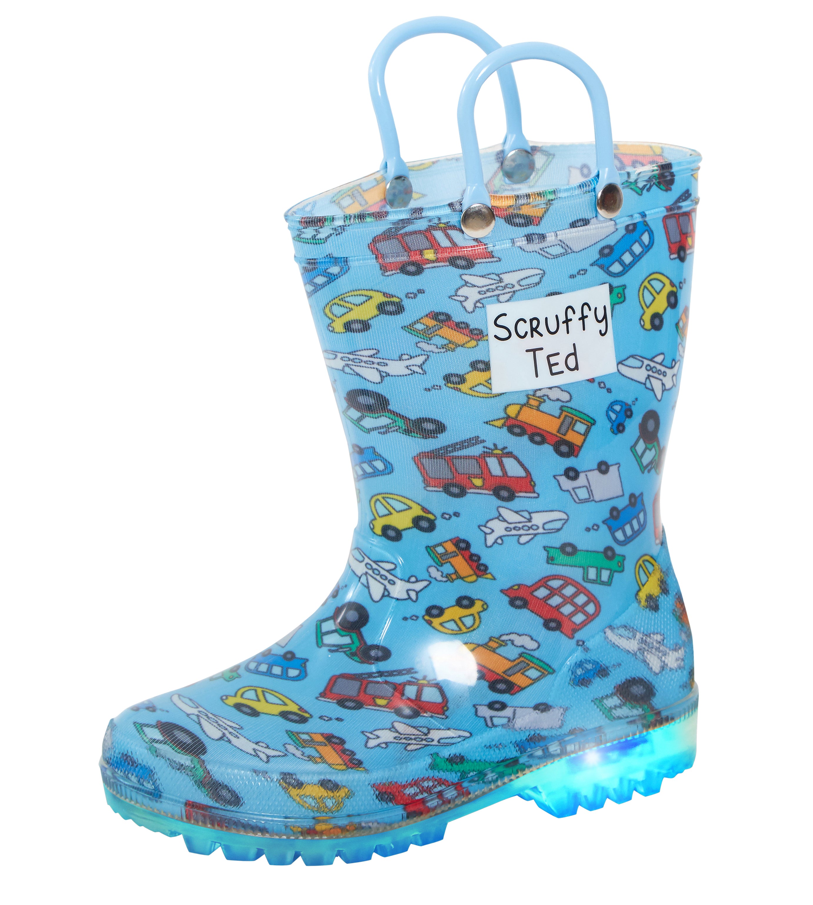 Kids Light Up Vehicle Wellington Boots Boys Blue Cars Wellies Rain Snow Shoes