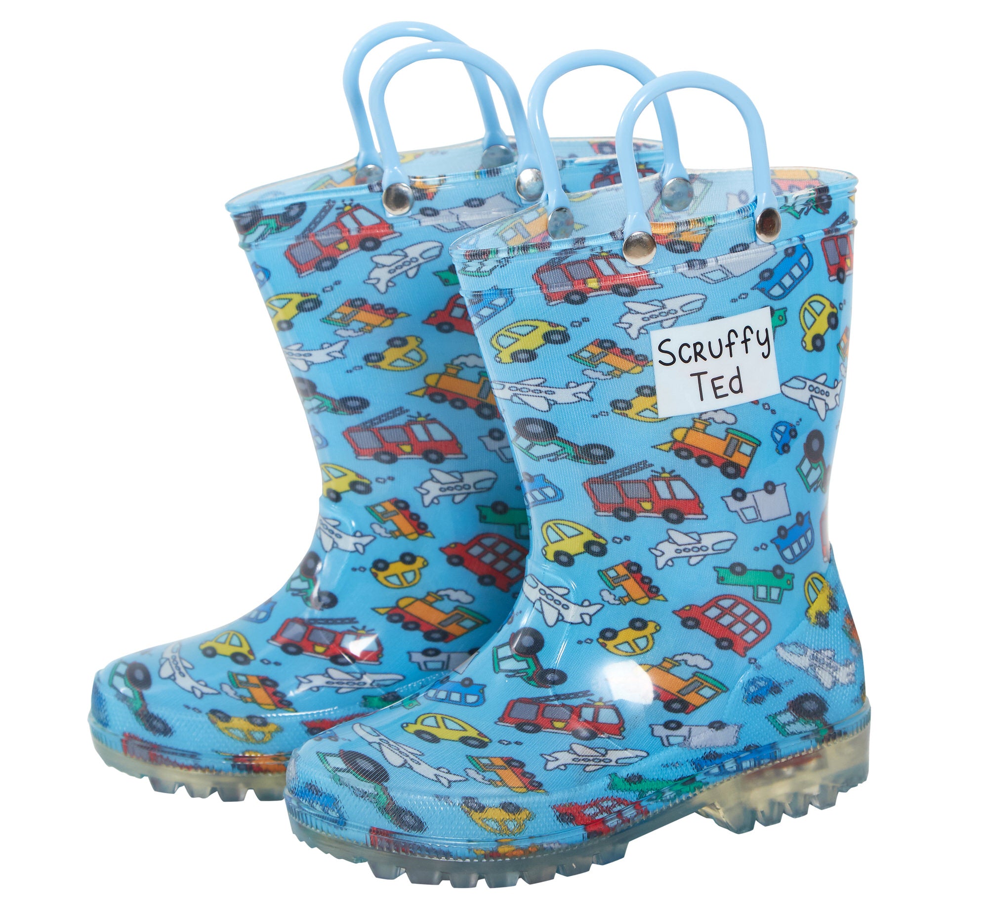 Kids Light Up Vehicle Wellington Boots Boys Blue Cars Wellies Rain Snow Shoes