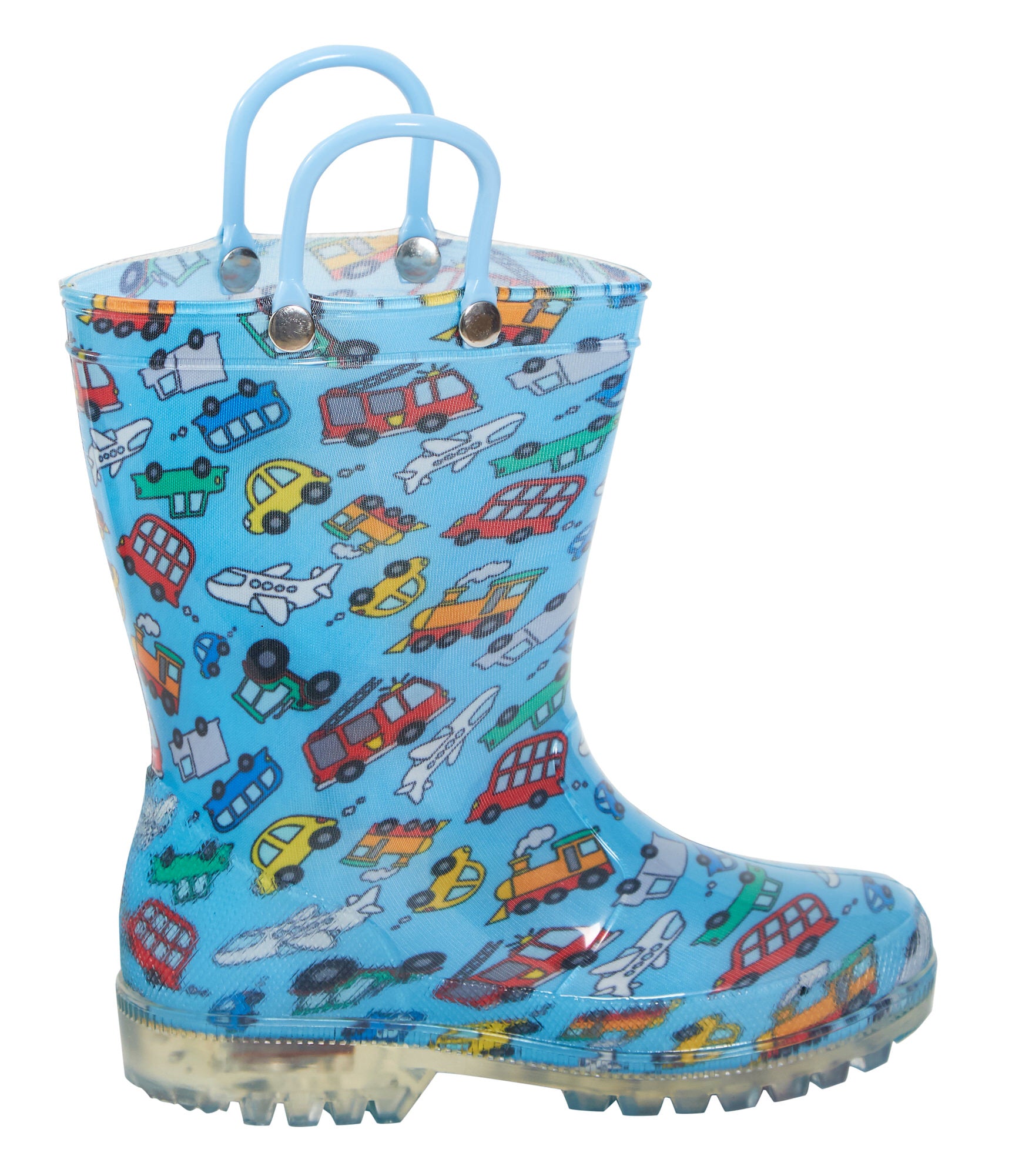 Kids Light Up Vehicle Wellington Boots Boys Blue Cars Wellies Rain Snow Shoes