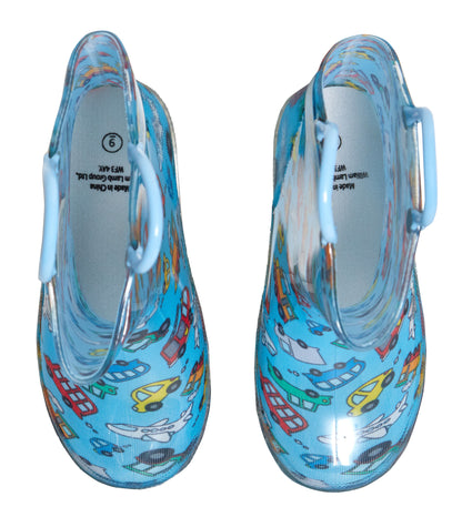 Kids Light Up Vehicle Wellington Boots Boys Blue Cars Wellies Rain Snow Shoes