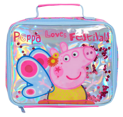 Luxury Peppa Pig Lunch Bag Girls Pink School Nursery Sequin Insulated Lunchbag