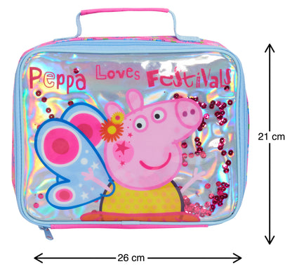 Luxury Peppa Pig Lunch Bag Girls Pink School Nursery Sequin Insulated Lunchbag