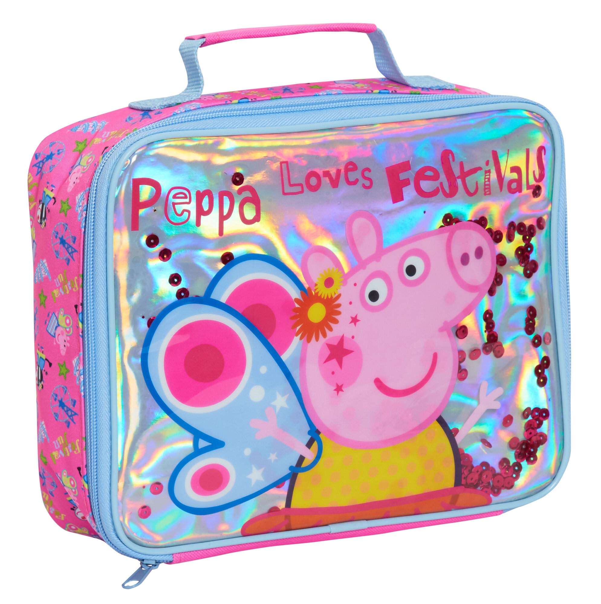 Luxury Peppa Pig Lunch Bag Girls Pink School Nursery Sequin Insulated Lunchbag