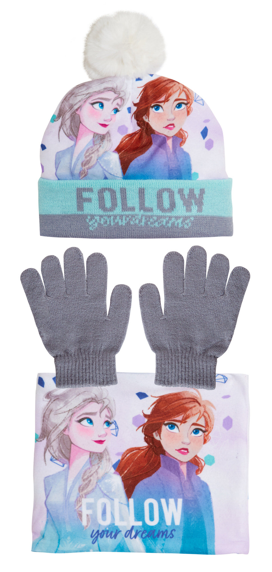 Disney Frozen 2 Bobble Hat  + Snood Scarf + Gloves Girls 3 Piece Winter Set