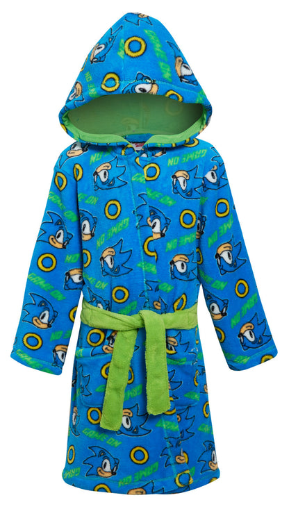 Boys Sonic The Hedgehog Dressing Gown Kids Sega Fleece Hooded Bathrobe Housecoat