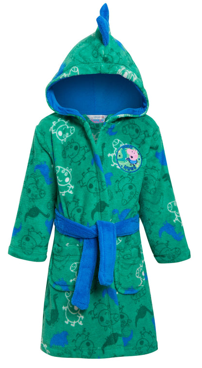 Boys Peppa Pig George Pig Dressing Gown Kids Dino Bathrobe Hooded Fleece Robe