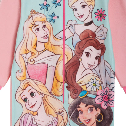 Disney Princess Girls All In One Pyjamas For Kids Fleece Pjs Zipped Nightwear