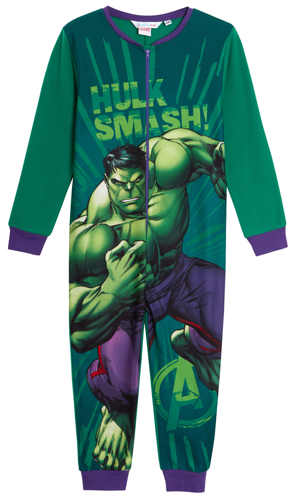 Marvel Hulk Boys All In One Avengers Pyjamas Fleece Pjs Zipped Kids Loungewear