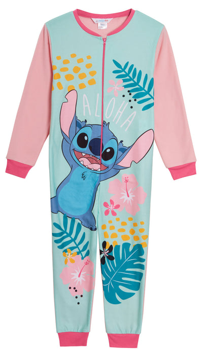 Disney Stitch Girls All In One Pyjamas For Kids Lilo Fleece Pjs Zip Up Nightwear