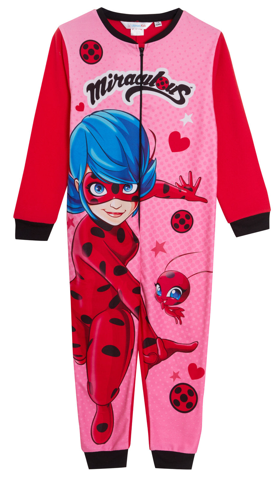 Girls Miraculous All In One Kids Fleece Pyjamas Red Ladtbug Pjs Zipped Nightware