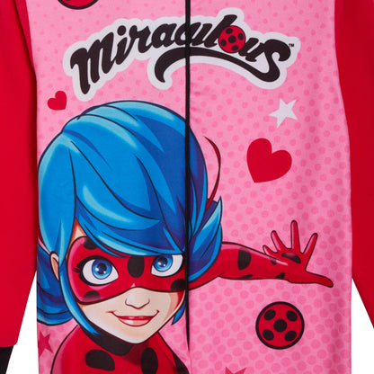 Girls Miraculous All In One Kids Fleece Pyjamas Red Ladtbug Pjs Zipped Nightware