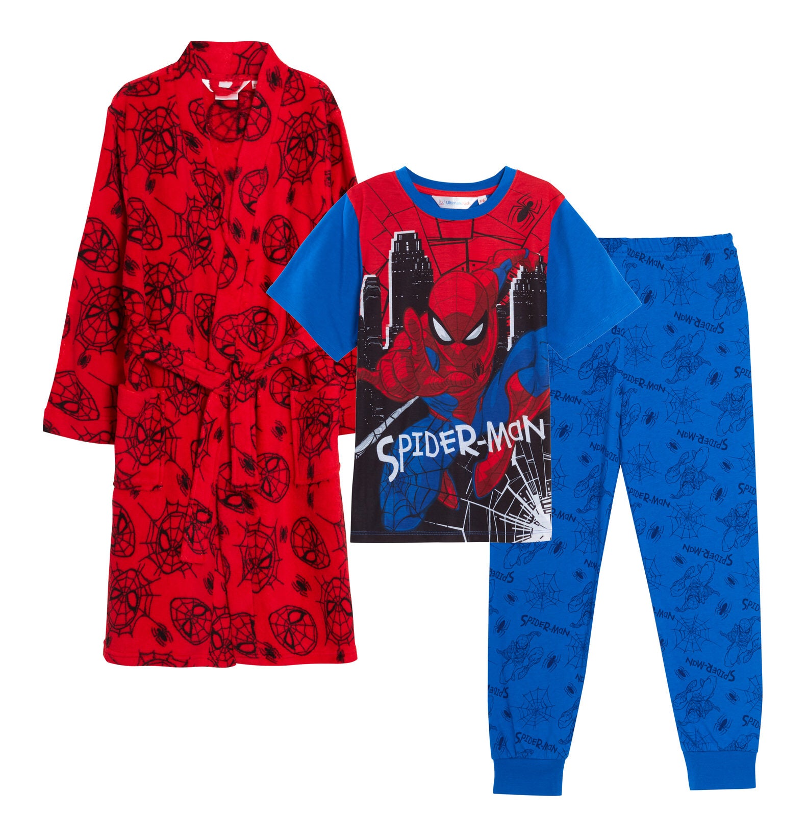 Boys Spiderman Dressing Gown + Spiderman Pyjamas Matching 3pc Set Bathrobe + Pjs
