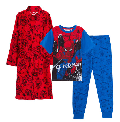 Boys Spiderman Dressing Gown + Spiderman Pyjamas Matching 3pc Set Bathrobe + Pjs