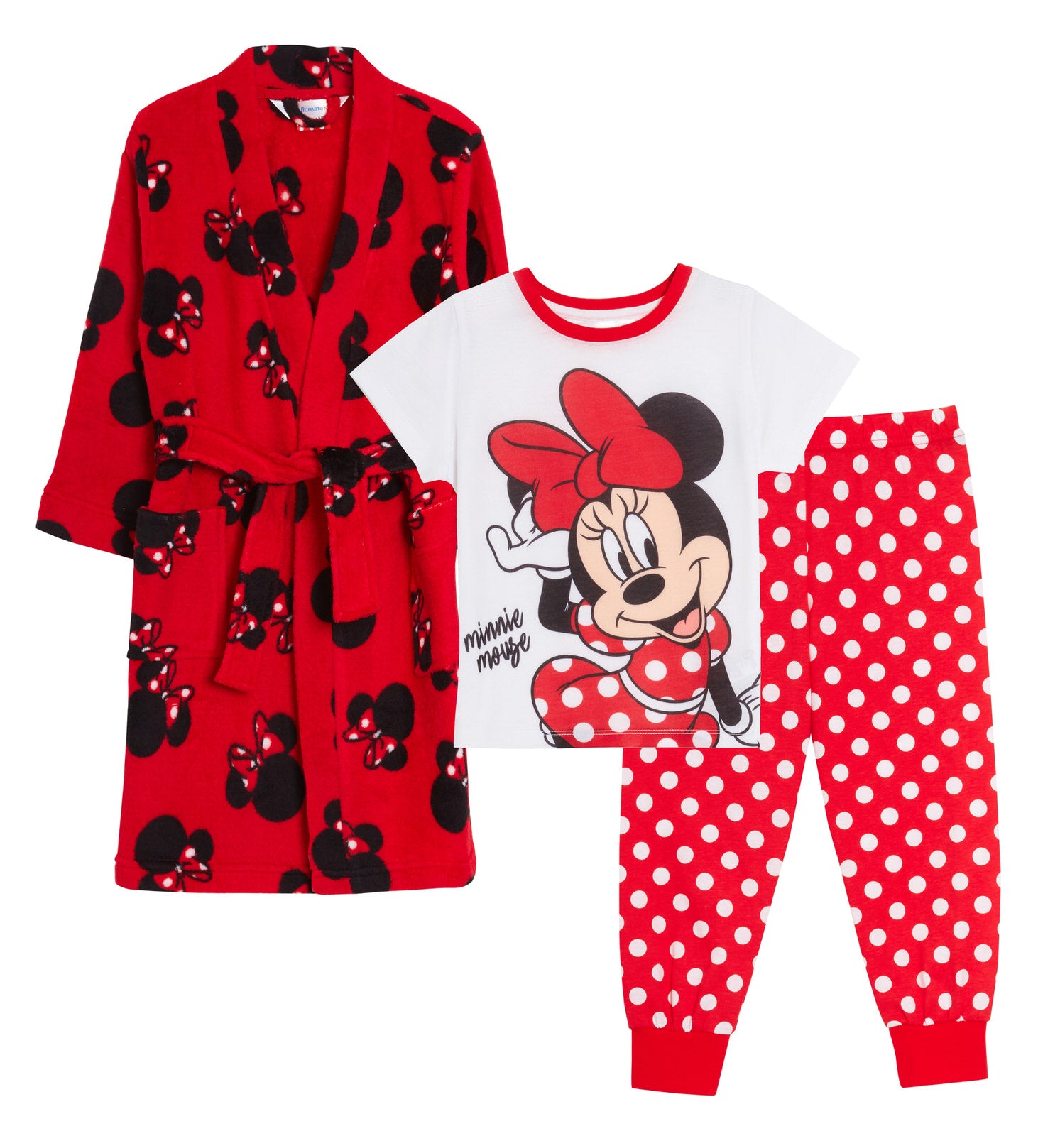 Girls Minnie Mouse Dressing Gown + Pyjamas 3pc Matching Set Red Bathrobe + Pjs