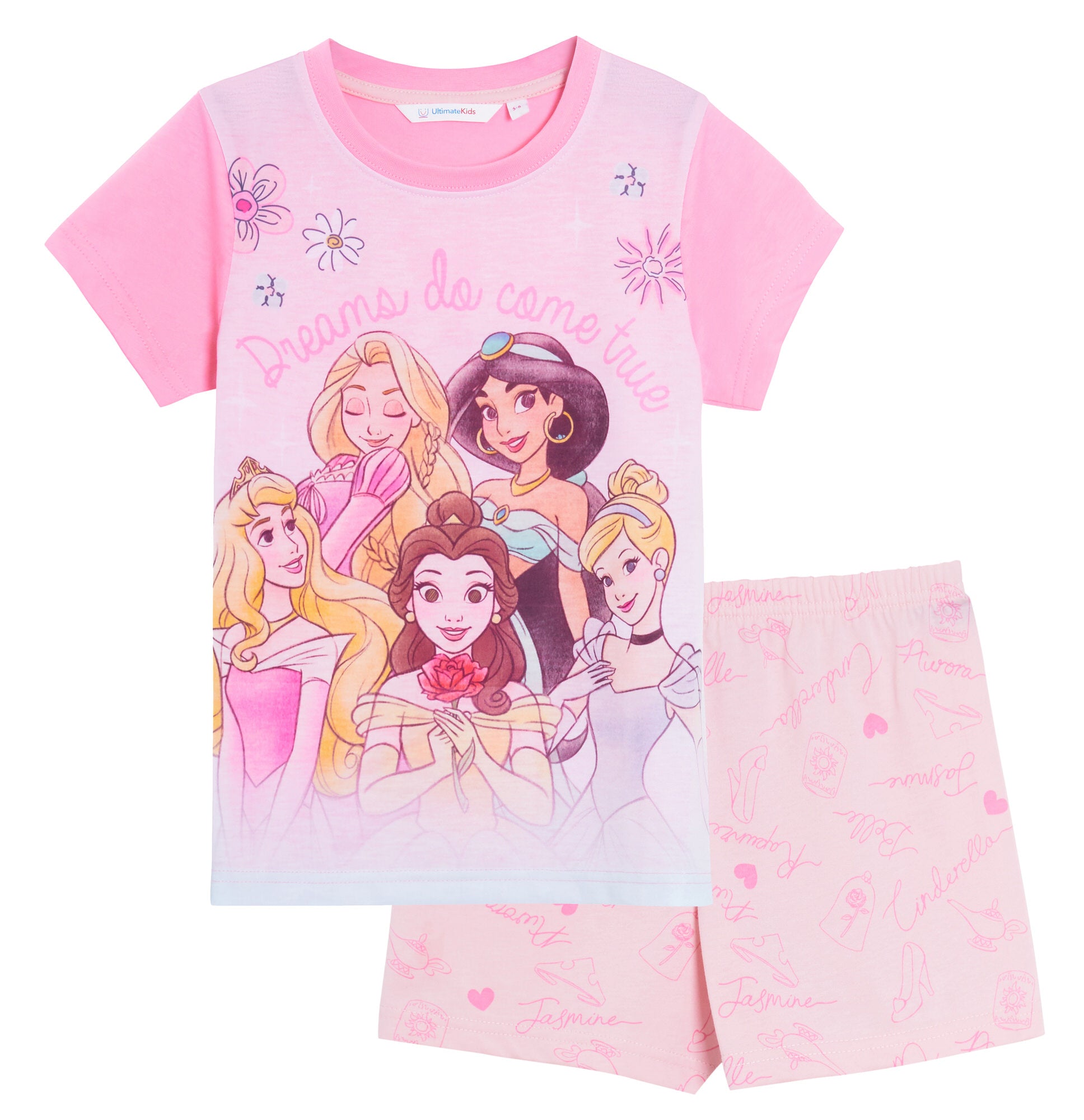 Girls Disney Princess Short Pyjamas Shortie Summer Pjs Set Jasmine Ariel Belle