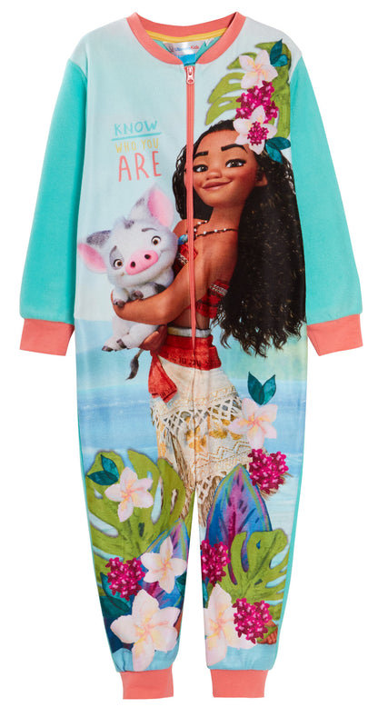 Disney Moana All In One Girls Moana Fleece Pyjamas Kids Warm Zipped Loungewear