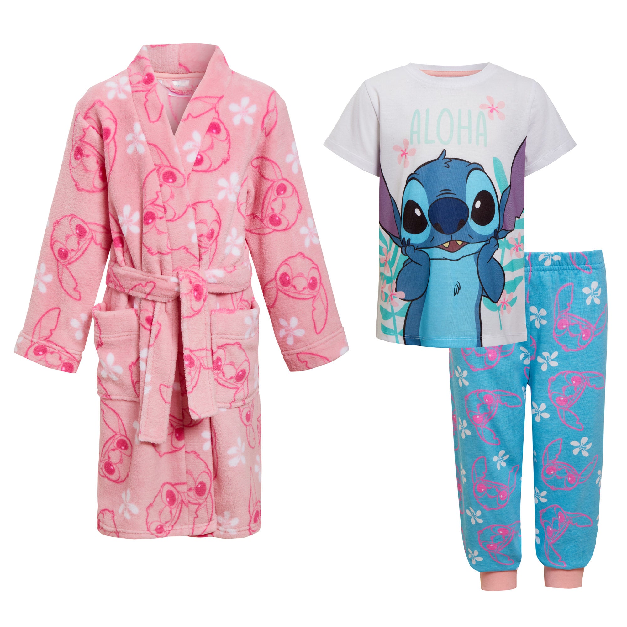Girls Stitch Dressing Gown + Pyjamas Set Matching 3pc Nightwear Bathrobe + Pjs