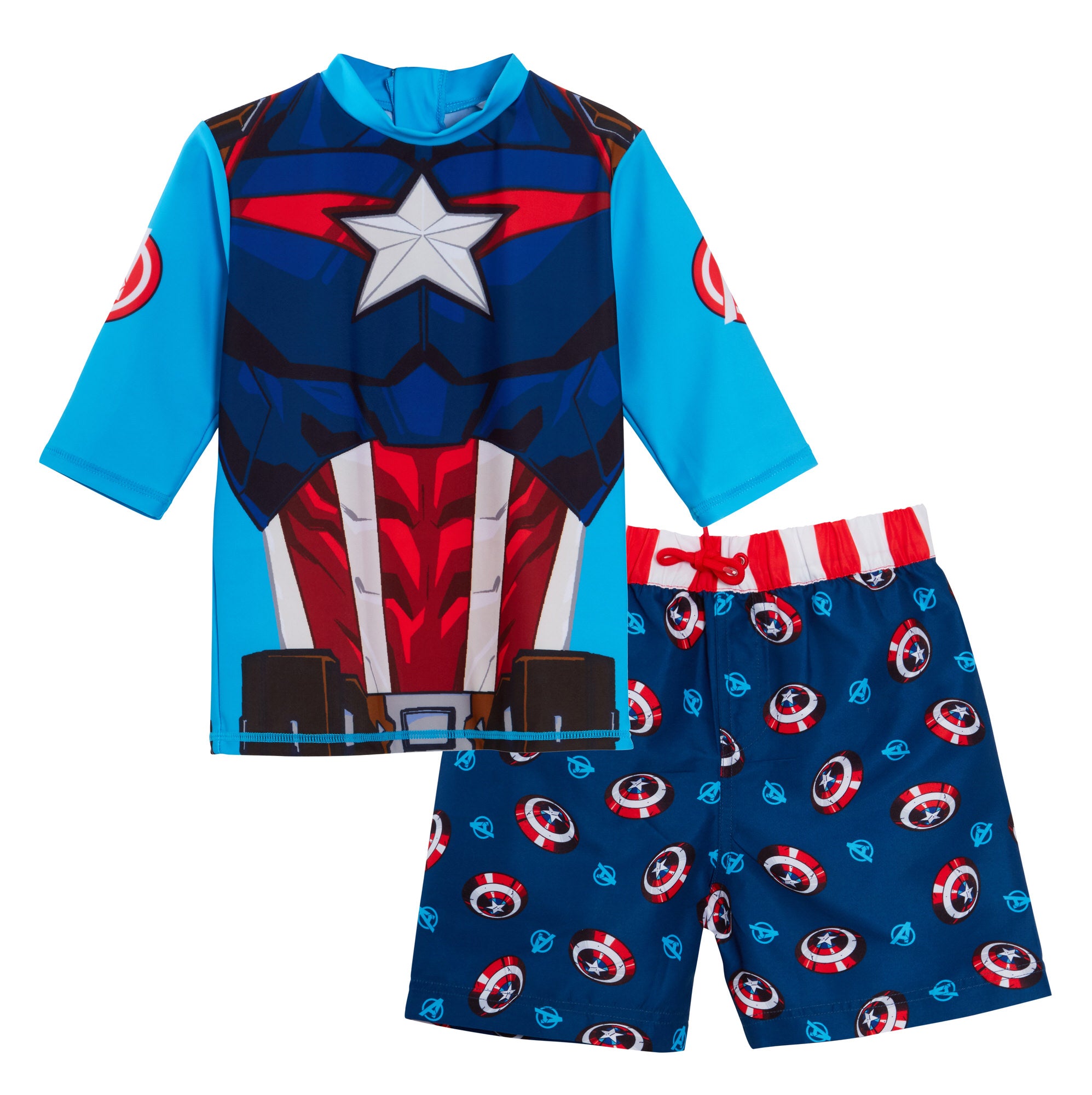Captain America Swim Shorts + Rash Vest 2 Piece Swim Set Surf Top + Board Shorts