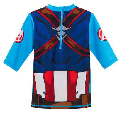 Captain America Swim Shorts + Rash Vest 2 Piece Swim Set Surf Top + Board Shorts