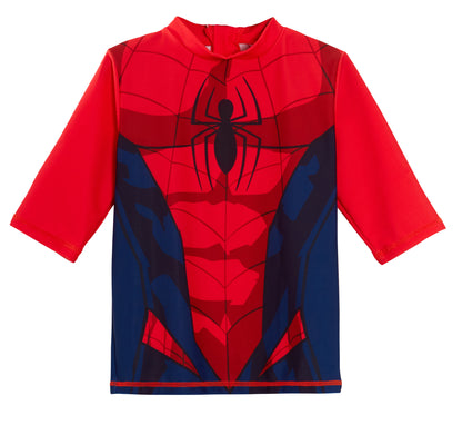 Boys Spider-man Swim Shorts + Rash Vest 2 Piece Swim Set Surf Top + Board Shorts