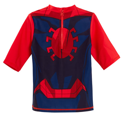 Boys Spider-man Swim Shorts + Rash Vest 2 Piece Swim Set Surf Top + Board Shorts