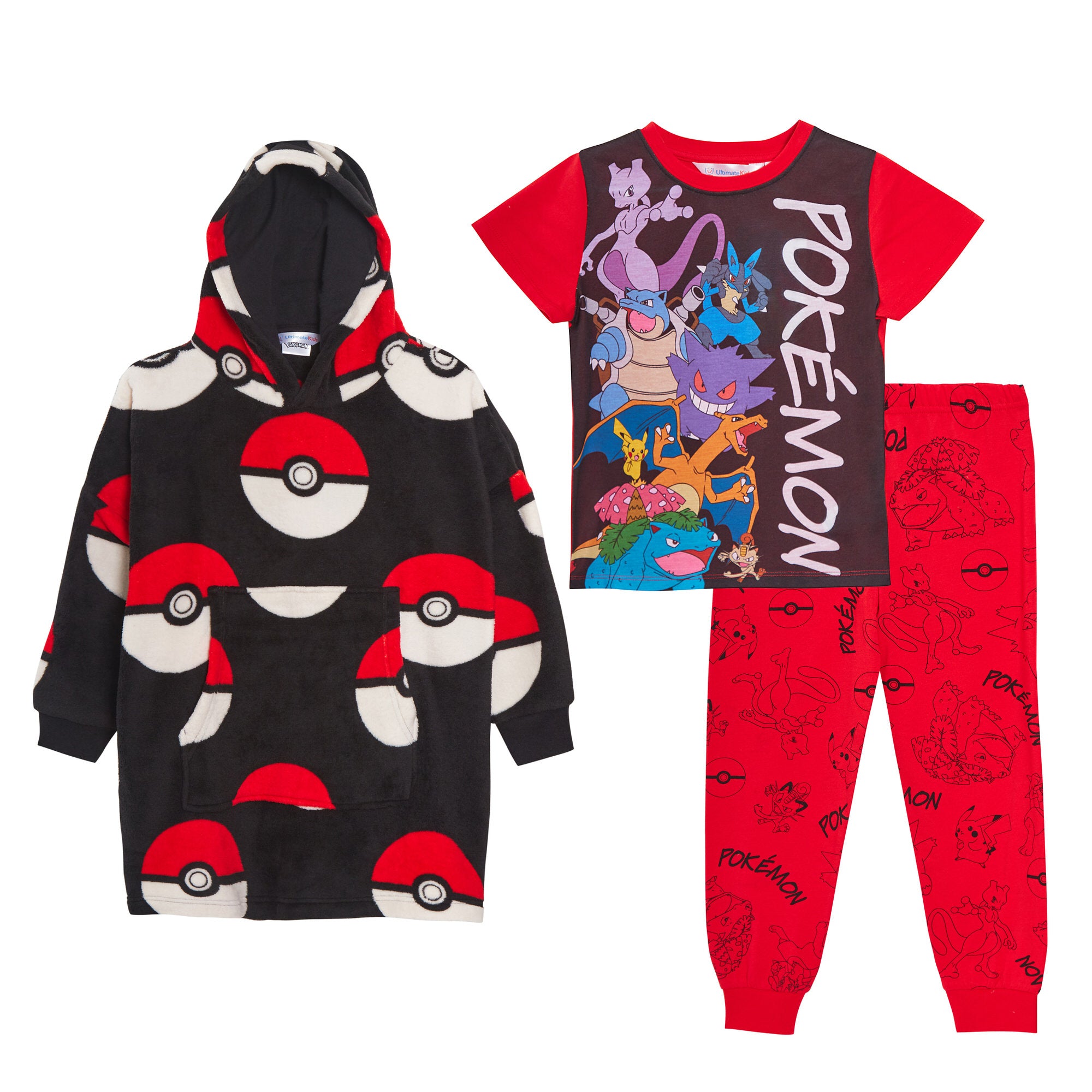 Kids Pokemon 3 Piece Nightwear Set Oversized Hoodie Blanket + Pyjama Pokeball