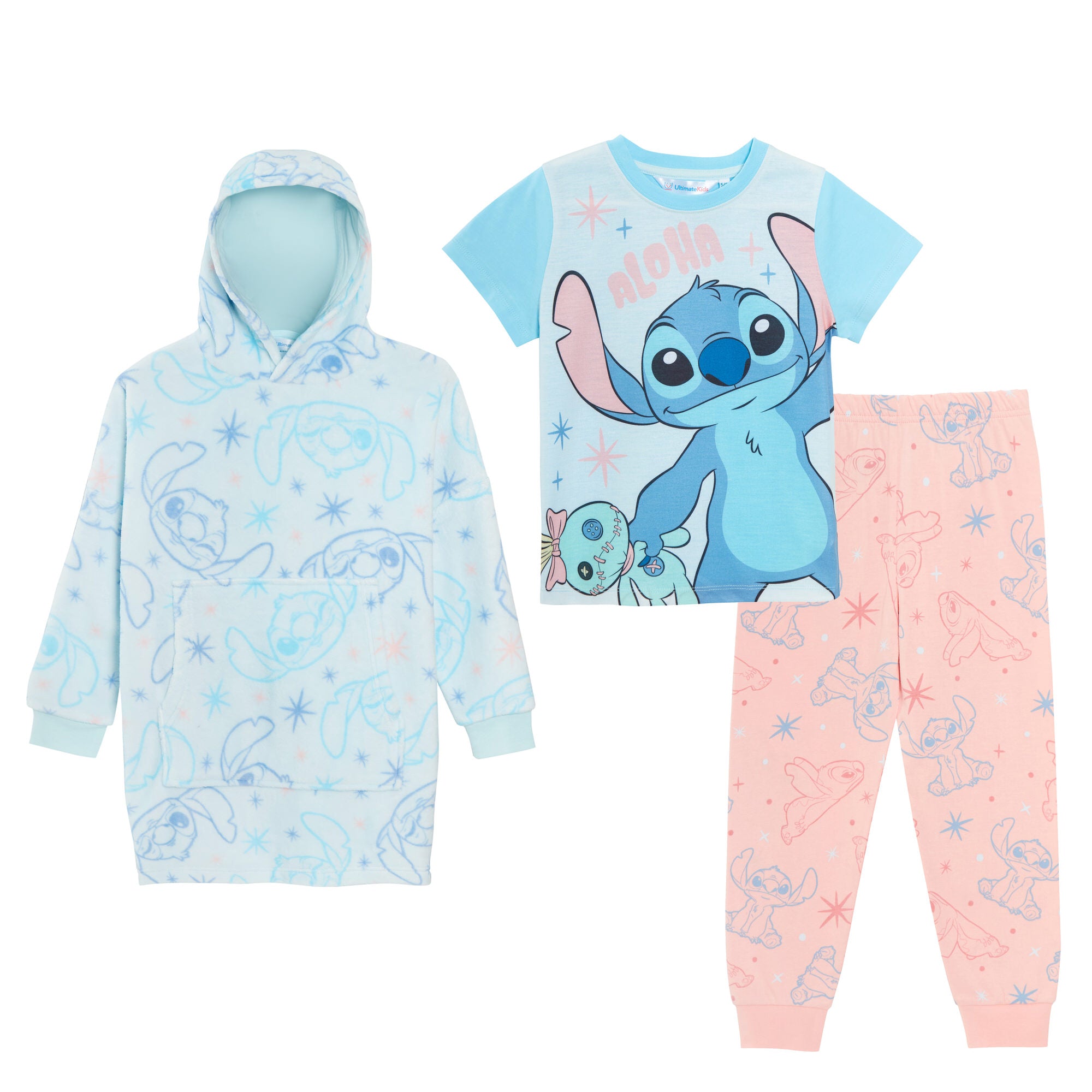 Girls Disney Lilo & Stitch 3 Piece Oversized Hoodie Blanket+ Pyjamas Set Gift