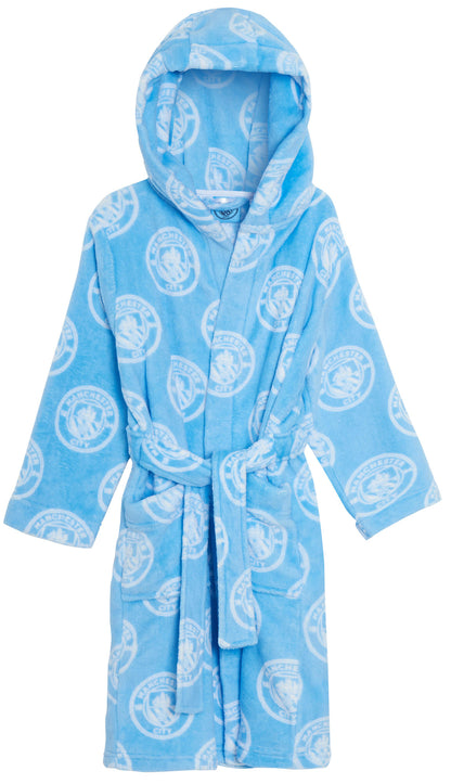 Kids Manchester City Pyjamas + Hooded Dressing Gown 3 Piece Nightwear Football Robe + Pjs Set